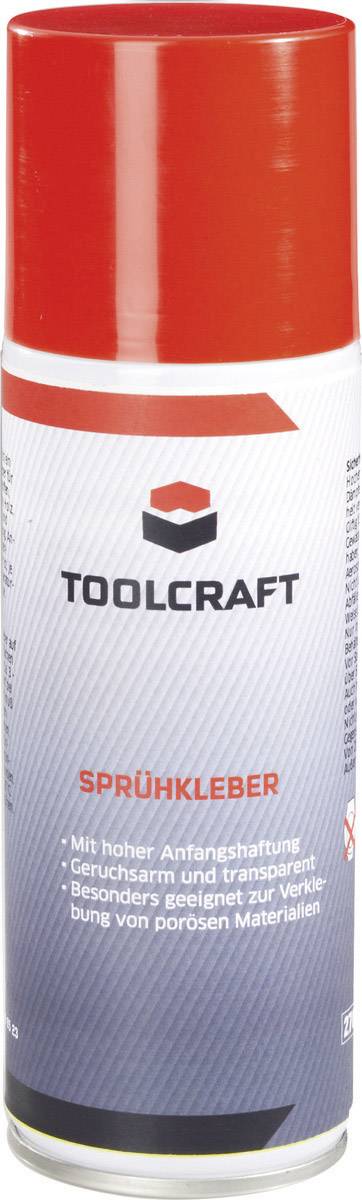 Une bombe de colle en spray Toolcraft avec un capuchon rouge. Sur la bombe, il est écrit : 'Adhérence initiale élevée', 'Faible odeur et transparente', 'Particulièrement adaptée pour le collage de matériaux poreux'.