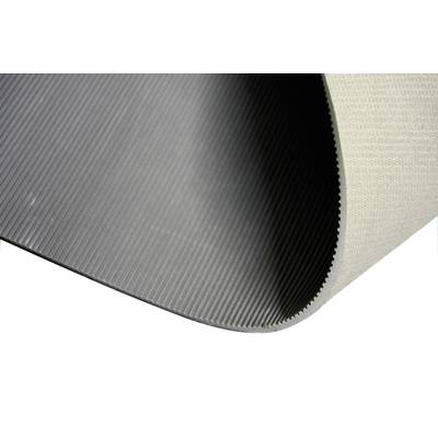 Un gros plan détaillé d'un tapis structuré flexible, gris et blanc, courbé en arc.