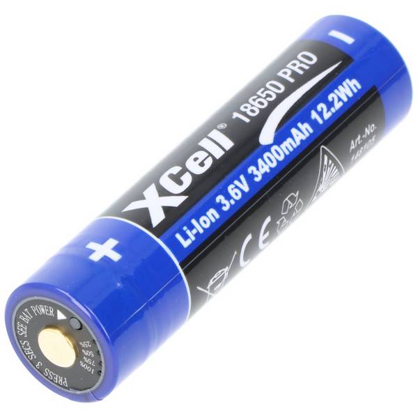 Batterie Li-Ion XCell Pro 18650 protégée, avec prise de charge USB-C, minimum 3 250 mAh, maximum 3 400 mAh, 3,6...