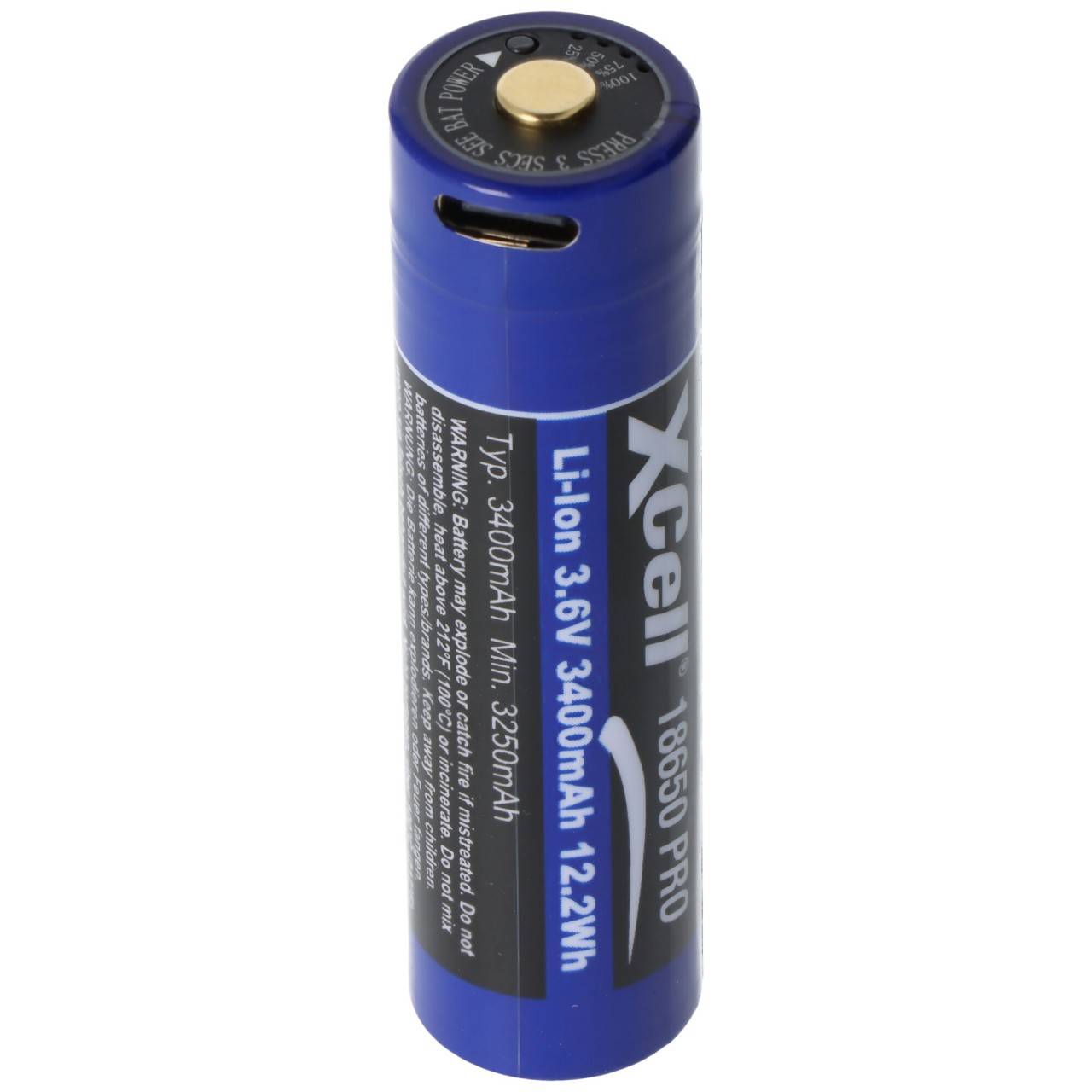 Batterie Li-Ion XCell Pro 18650 protégée, avec prise de charge USB-C, minimum 3 250 mAh, maximum 3 400 mAh, 3,6...-1