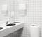 Toilettes publiques avec des murs blancs carrelés, deux lavabos et un distributeur de savon ou d'essuie-mains en papier.