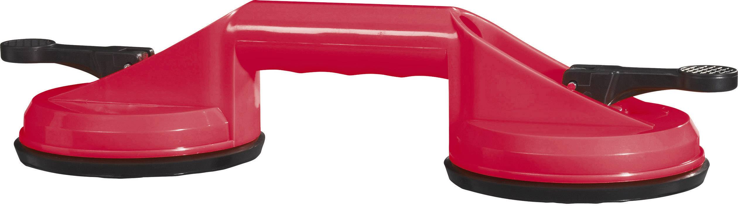 Poignée à ventouse double rouge avec leviers noirs, adaptée pour soulever des surfaces lisses telles que le verre ou les carrelages.
