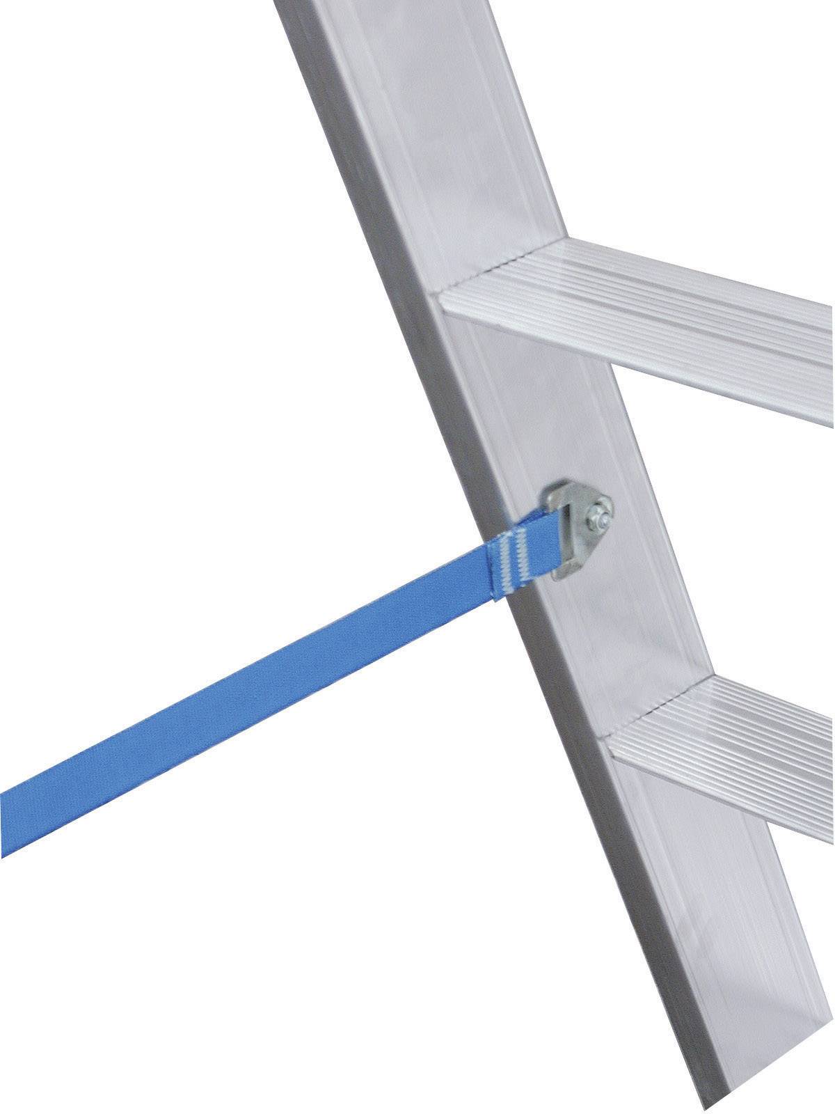 Échelle en aluminium avec bande de sécurité bleue, garantissant un positionnement stable.