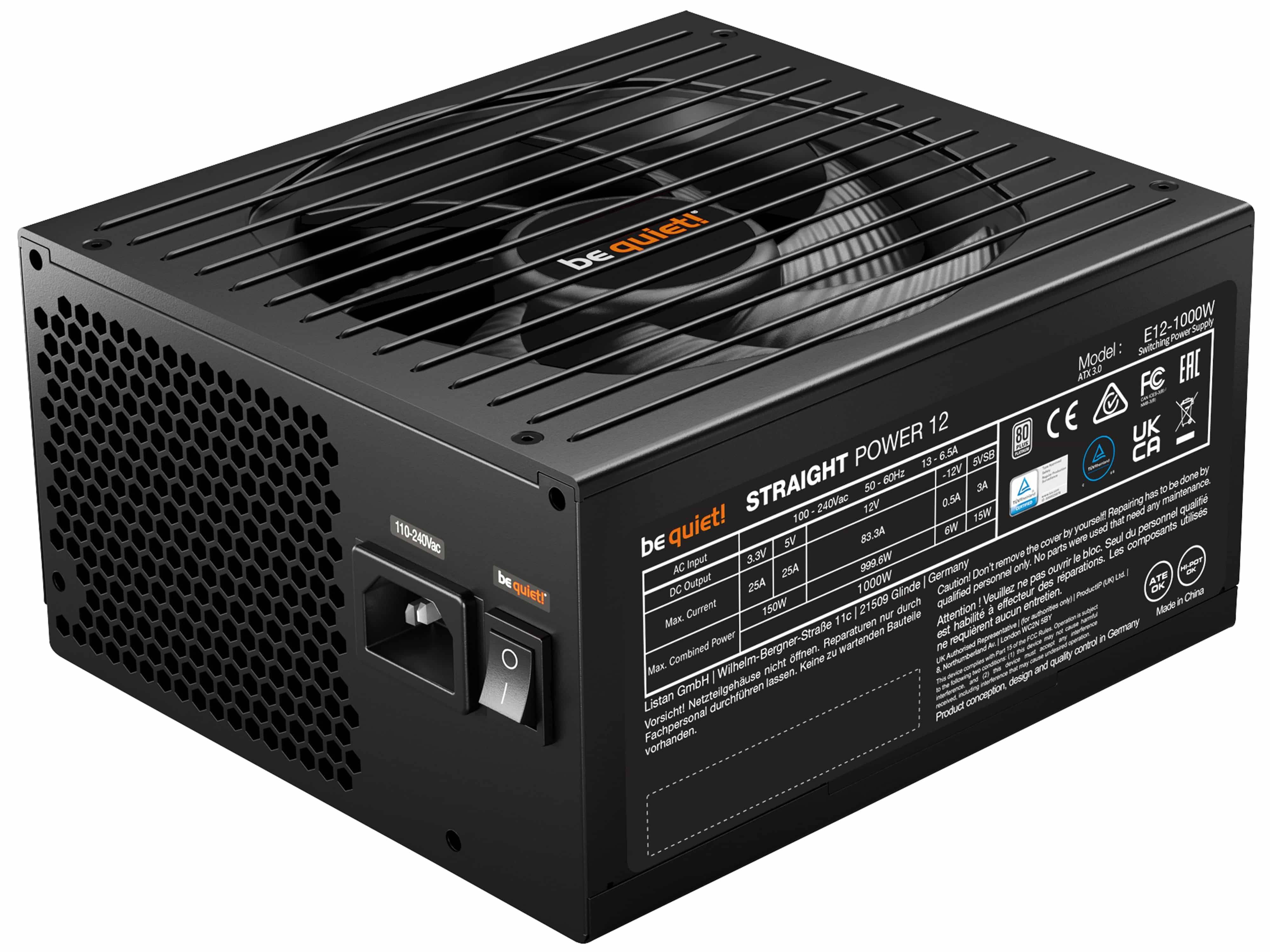 Image du symbole pour be quiet! Straight Power 12 1000 W | Alimentation ATX 3.1, 80 Plus Platinium, 1000 W, 100 - 240 V, 1070 W, 50/60 Hz, 13/