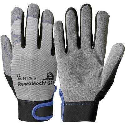 Deux gants de travail en tissu gris avec une prise en caoutchouc noir et des lignes d'accent bleues. Ils offrent protection et adhérence.