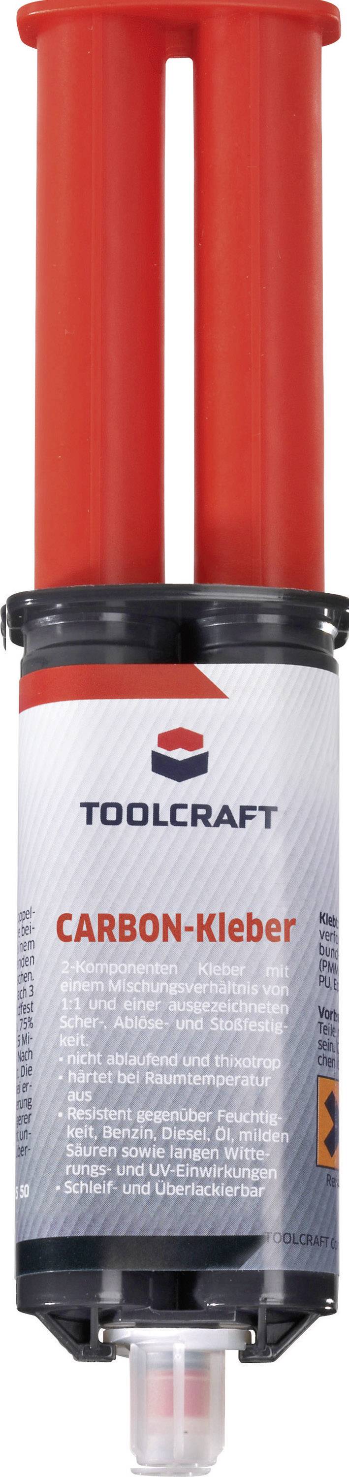 Colle bi-composants en seringue avec poignée rouge, marque Toolcraft, adaptée aux assemblages carbone. Étiquette de produit avec avertissements.