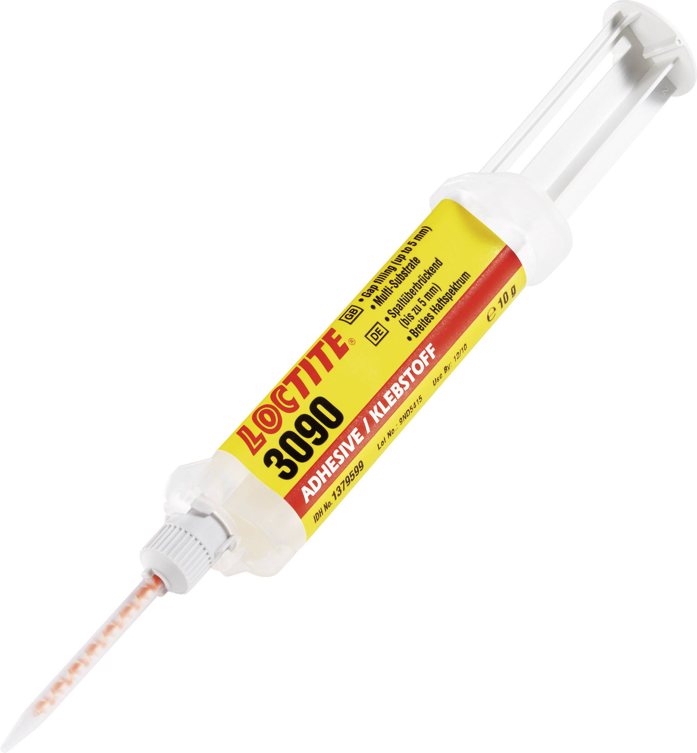 Une seringue avec une étiquette rouge et jaune indiquant 'Loctite 3090' et 'Adhesive/Klebstoff'.