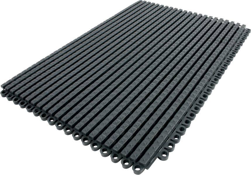 Tapis en plastique noir composé de modules rectangulaires reliés par de petits trous sur les bords, conçu pour la couverture de sol.