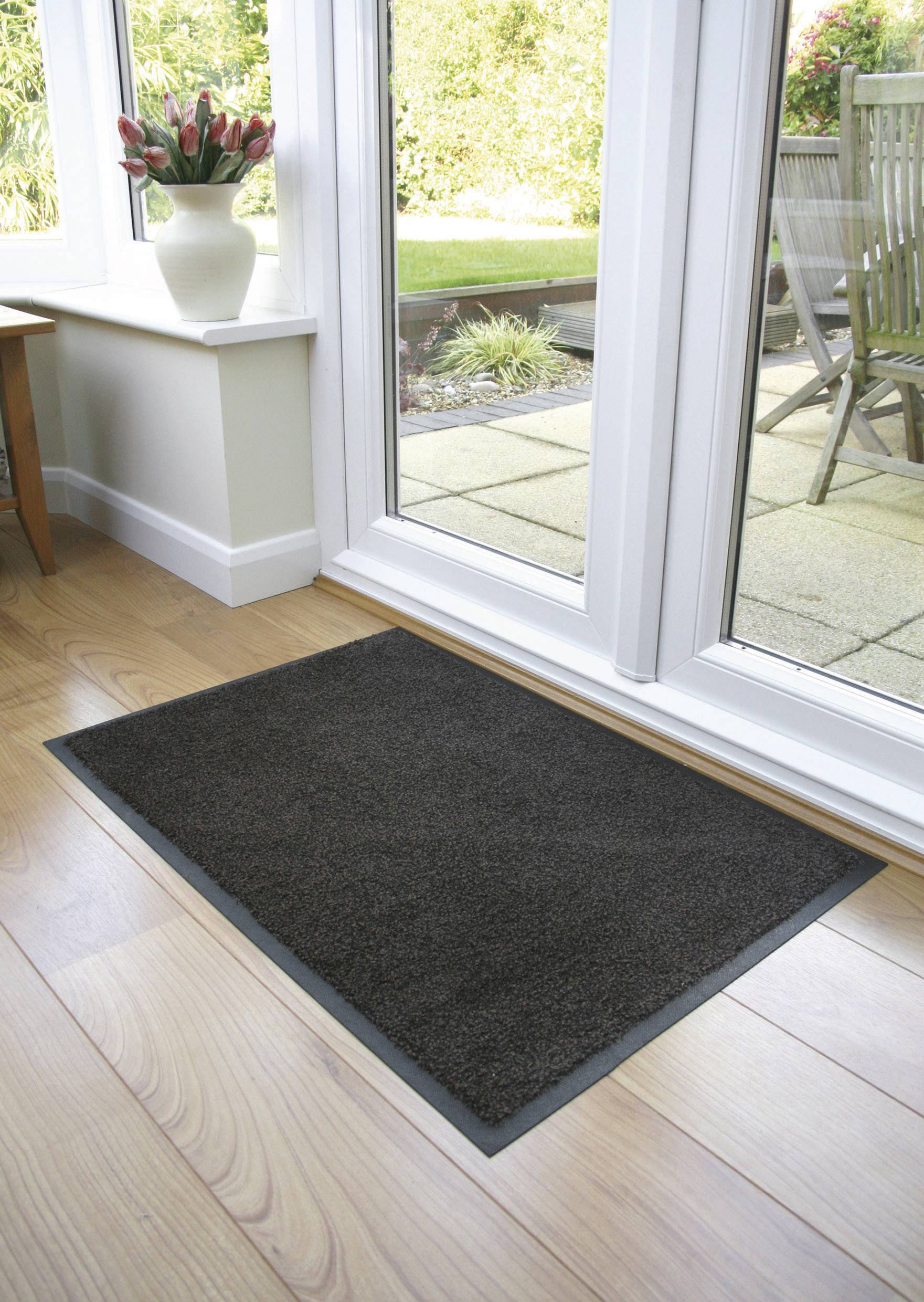 Un tapis sombre est posé sur un parquet devant une porte vitrée. À l'extérieur, on aperçoit des meubles de jardin et un jardin fleuri.