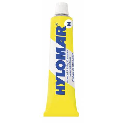 Colle Hylomar jaune en tube, logo bleu, adapté à diverses solutions d'étanchéité.