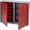 Armoire métallique avec deux portes rouges ouvertes, révélant des casiers pour petites pièces sur la gauche et des étagères ouvertes sur la droite.