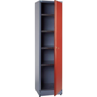 Armoire métallique rouge avec cinq étagères vides, porte à moitié ouverte, reposant sur de petits pieds. Adaptée au rangement dans un environnement de bureau.