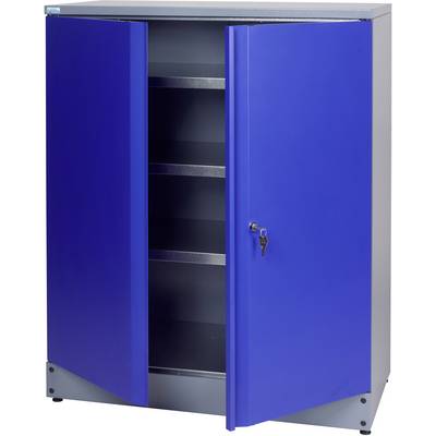 Une armoire métallique bleue dont la porte est ouverte, avec plusieurs étagères vides. Une clé est suspendue à l'une des portes.
