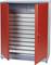 Armoire métallique avec portes rouges, ouverte, montrant plusieurs tiroirs horizontaux vides. Adaptée au rangement d'outils ou de fournitures de bureau.