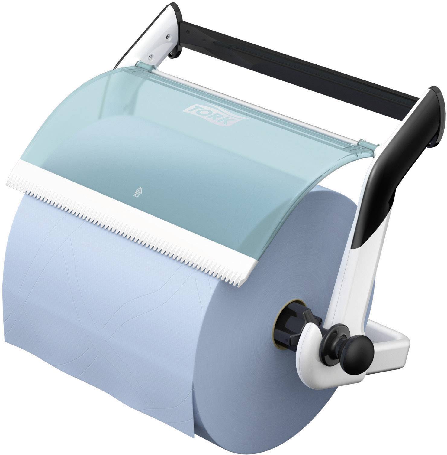 Distributeur de papier toilette avec du papier bleu, adapté à une utilisation commerciale. Boîtier robuste offrant un accès facile aux utilisateurs.