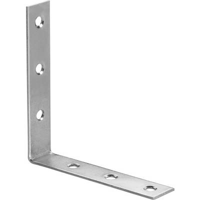 Un équerre métallique avec six trous de vis, pliée en forme de L, utilisée pour la fixation et la stabilisation d'éléments structurels.