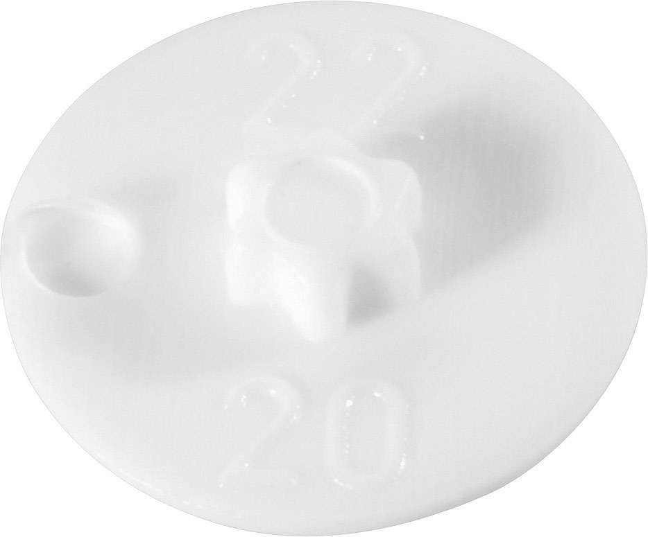 Composant en plastique blanc, rond, avec une petite cavité et des chiffres en relief '22' et '20'.