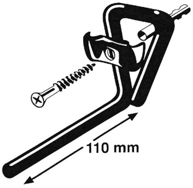 Une illustration montre une équerre de fixation avec une vis de serrage. Une vis d'accompagnement est représentée. Longueur indiquée 110 mm.