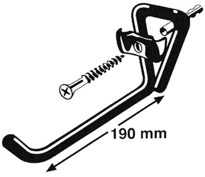 Crochet métallique de 190 mm de long, accompagné d'une vis et d'un support. Instructions pour le montage d'étagères ou de supports.