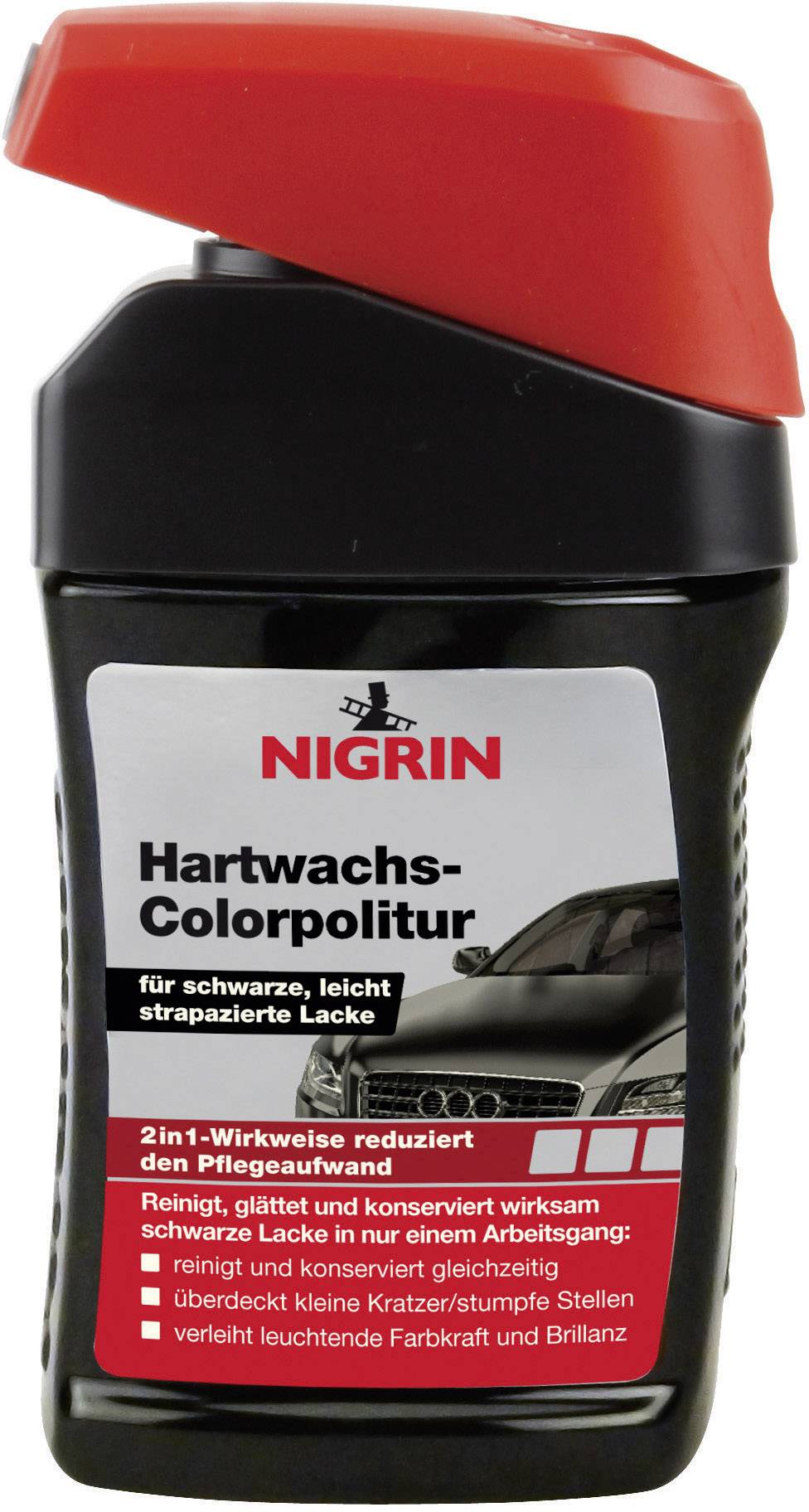 Bouteille avec couvercle rouge de Nigrin. Texte : 'Polish coloré à la cire dure' pour laques noires. Nettoie, protège et conserve en une seule étape.