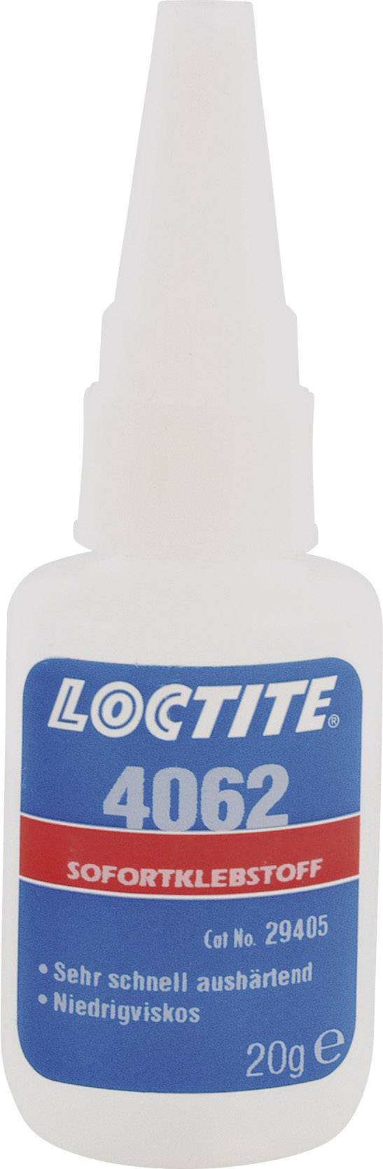 Loctite 4062 Colle instantanée en bouteille avec étiquetage bleu et rouge ; indication de durcissement rapide et de faible viscosité, contenance 20g.