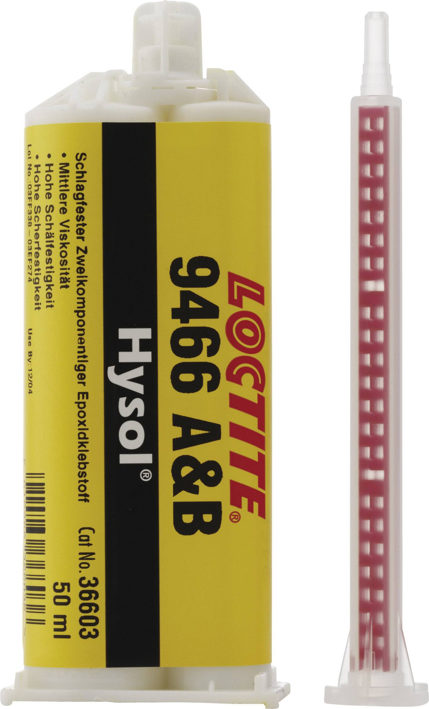 Une cartouche à étiquette jaune de 'Loctite 9466 A&B', adhésif époxy, 50 ml. Emballée avec un tube de mélange pour l'application.