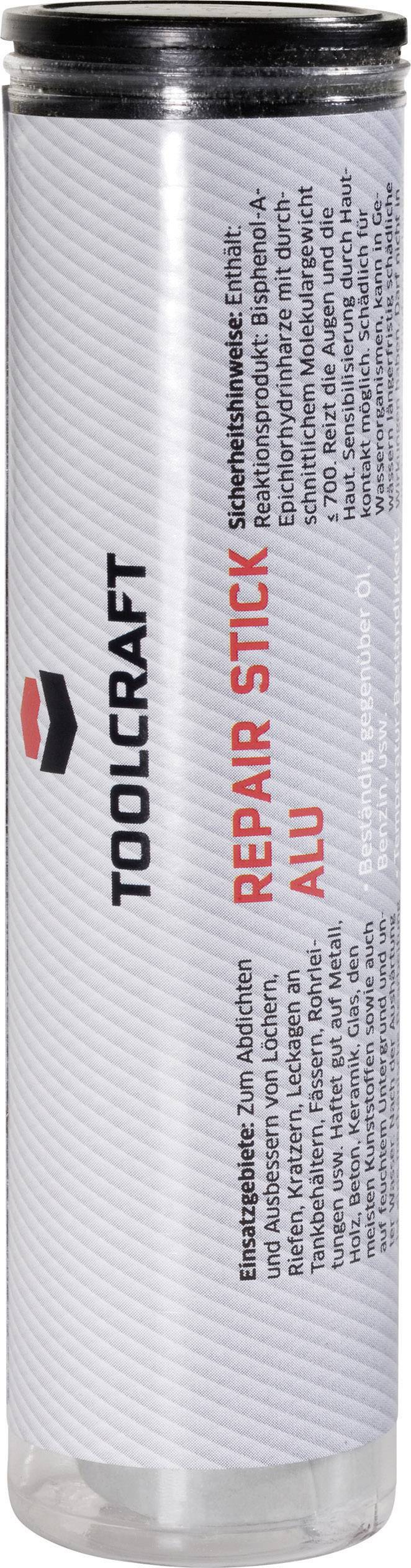 Emballage cylindrique d'un stick de réparation 'TOOLCRAFT' pour aluminium. Contient une description d'utilisation et des précautions de sécurité.