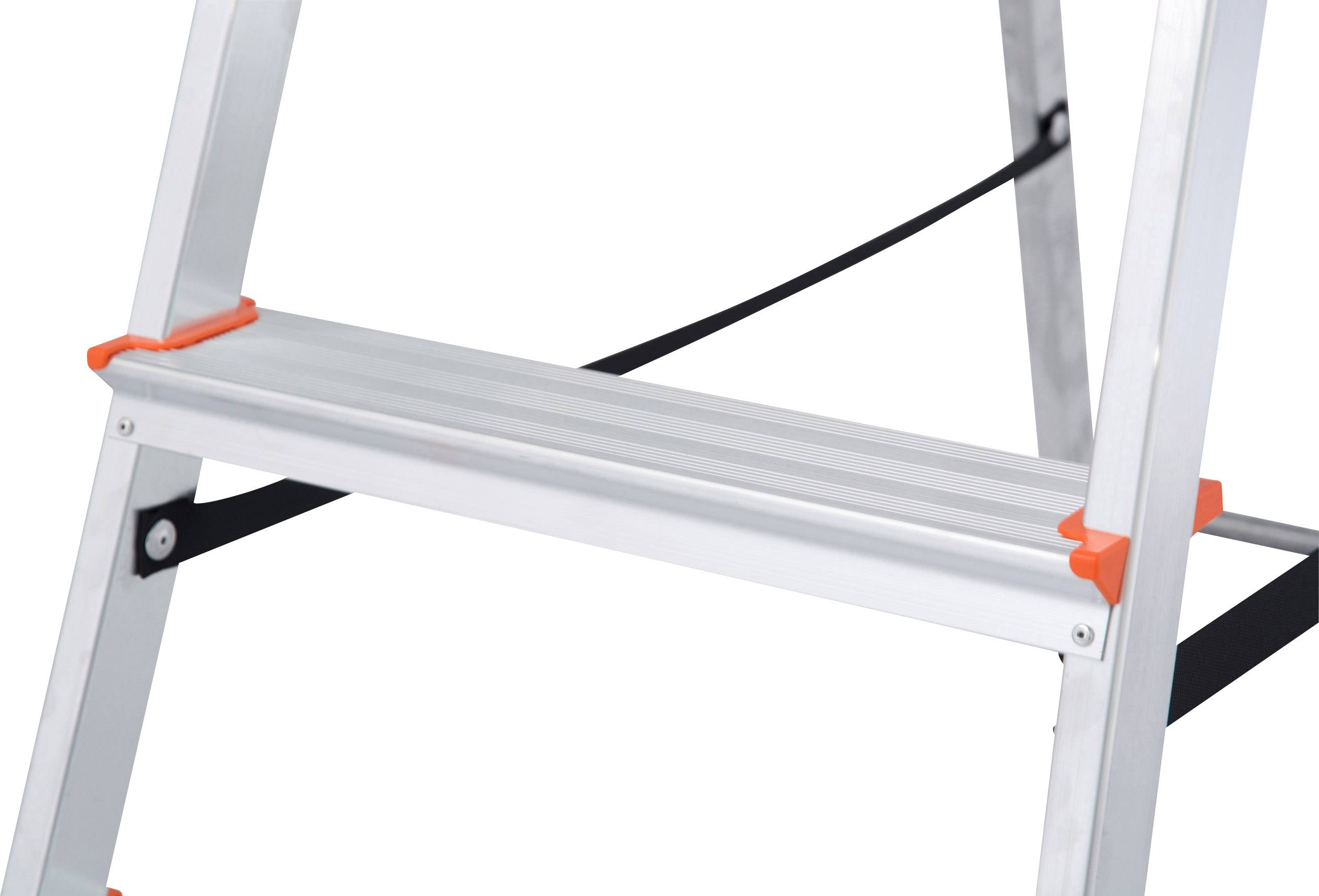 Échelle en aluminium avec marches antidérapantes et détails de sécurité orange, renforcée latéralement en noir. Idéale pour les travaux domestiques ou artisanaux.