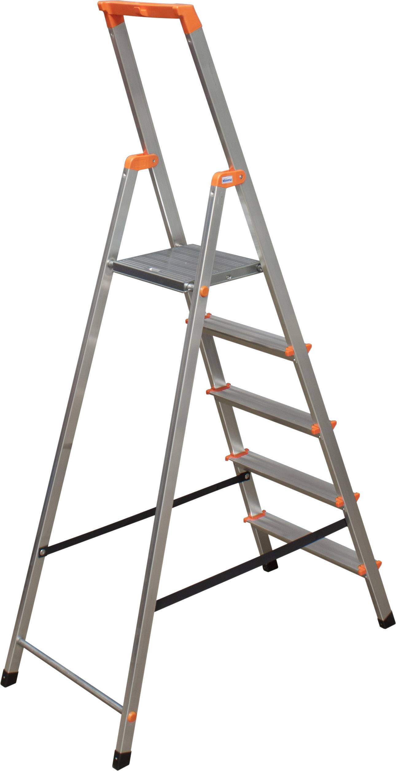 Une échelle pliante en métal à cinq marches avec des poignées de sécurité orange, adaptée à une utilisation domestique.