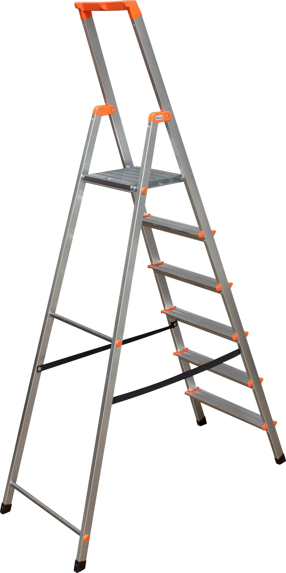 Une échelle pliante en argent de six marches avec des accents orange, adaptée pour une utilisation domestique ou pour de petits travaux.