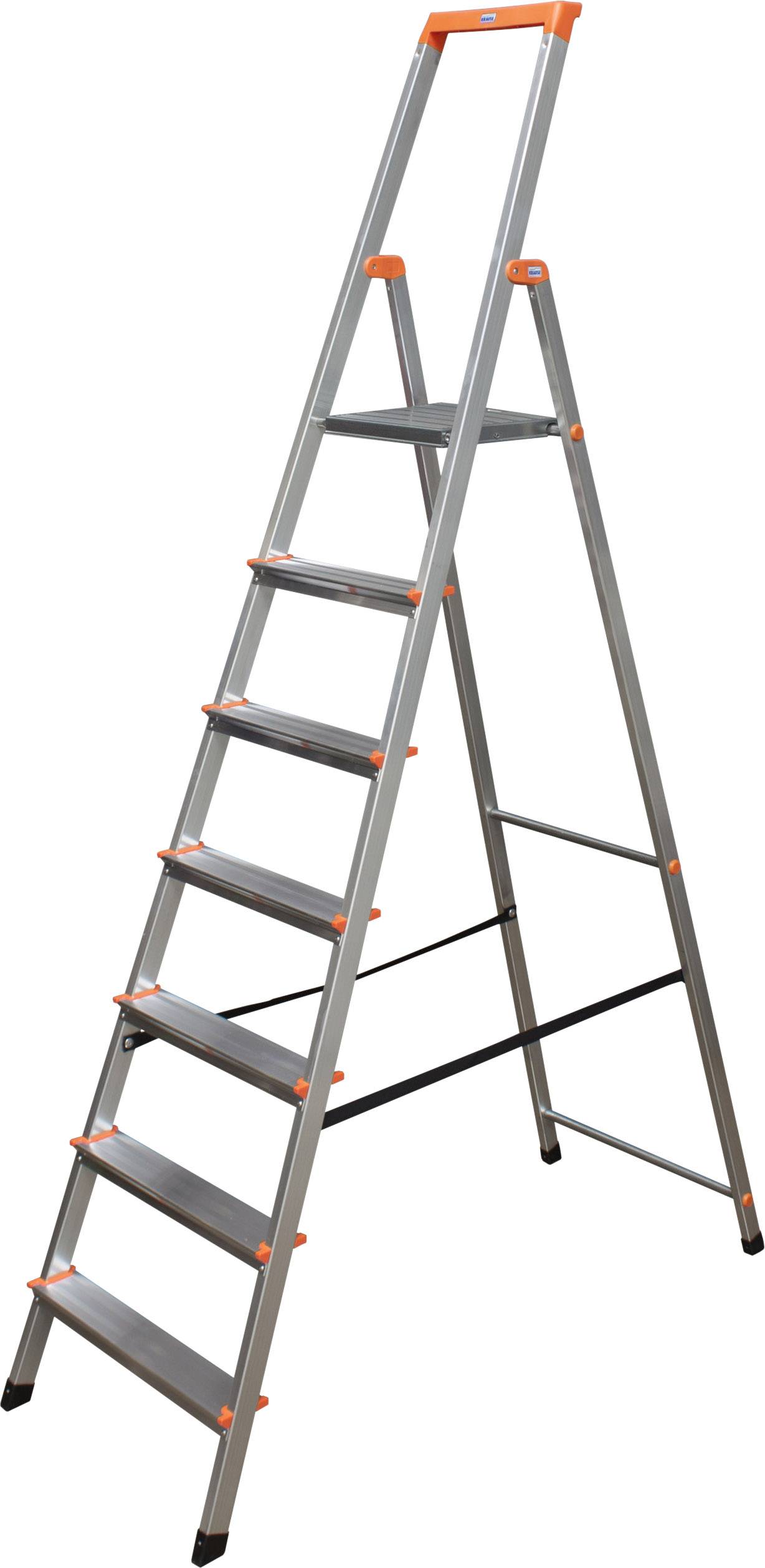 Une échelle pliante en métal argenté avec des détails orangés et sept marches, positionnée verticalement. Elle convient parfaitement aux travaux en hauteur.