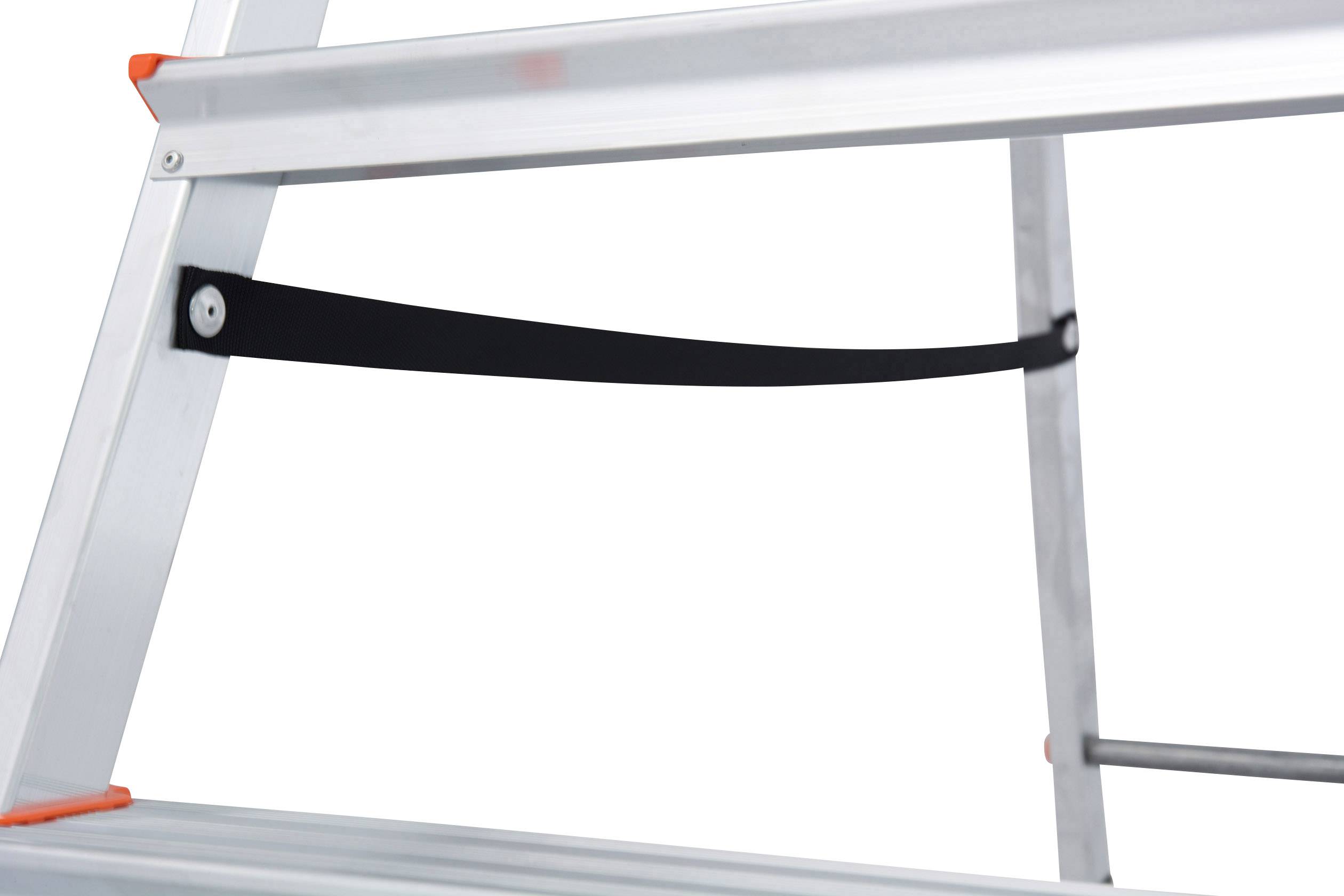Gros plan sur une échelle avec une ceinture de sécurité noire placée entre les barreaux, offrant une stabilité supplémentaire lors de l'escalade.