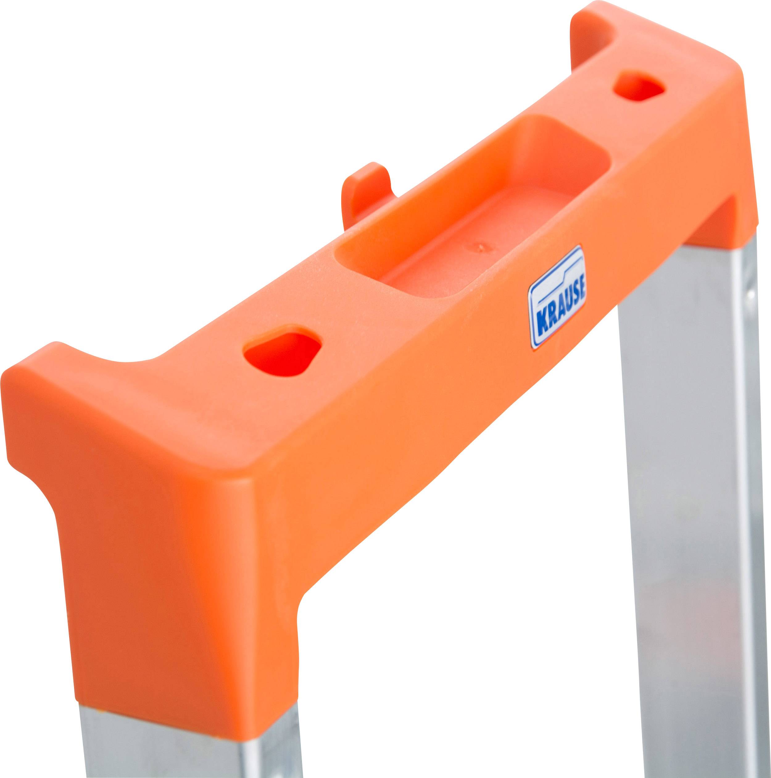 Poignée orange d'une échelle avec logo de marque, présentant deux trous destinés à la fixation ou au rangement d'outils.