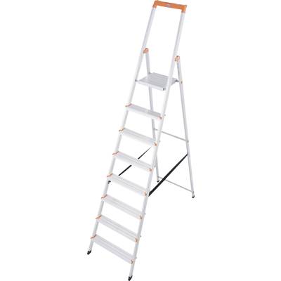 Une échelle droite en aluminium argenté à huit marches, stable et sécurisée. Adaptée aux travaux en hauteur.