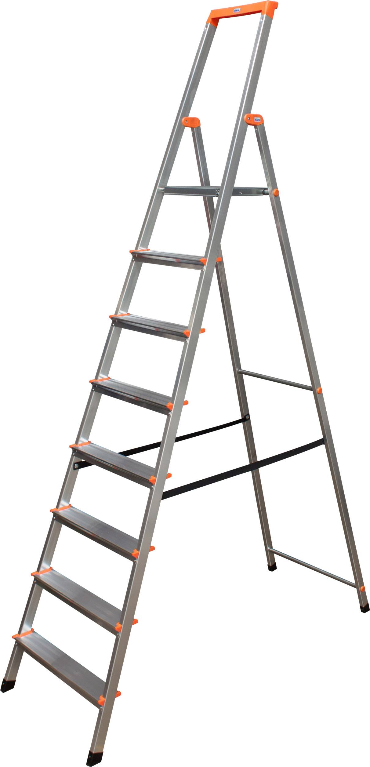 Une échelle pliante argentée à sept marches, avec des détails oranges et une base stable.