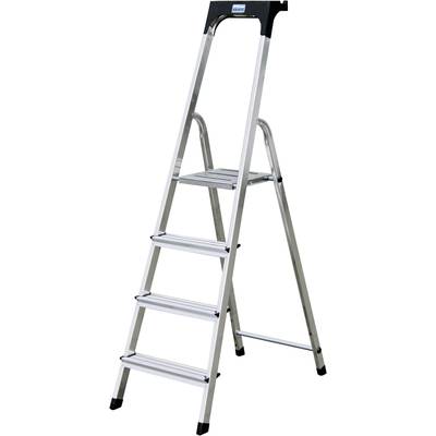 Échelle en aluminium, cinq marches, poignée noir et grise en haut. Se tient droite sur une surface lisse.