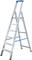 Une échelle en aluminium argenté à six marches, avec des bandes de sécurité bleues et une poignée en haut. Adaptée aux travaux ménagers.