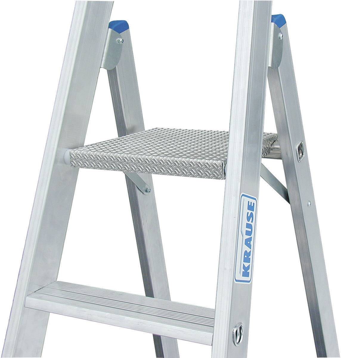 Échelle en aluminium avec le logo 'Krause' sur le côté, plateforme stable sur un échelon intermédiaire, adaptée aux travaux en hauteur.