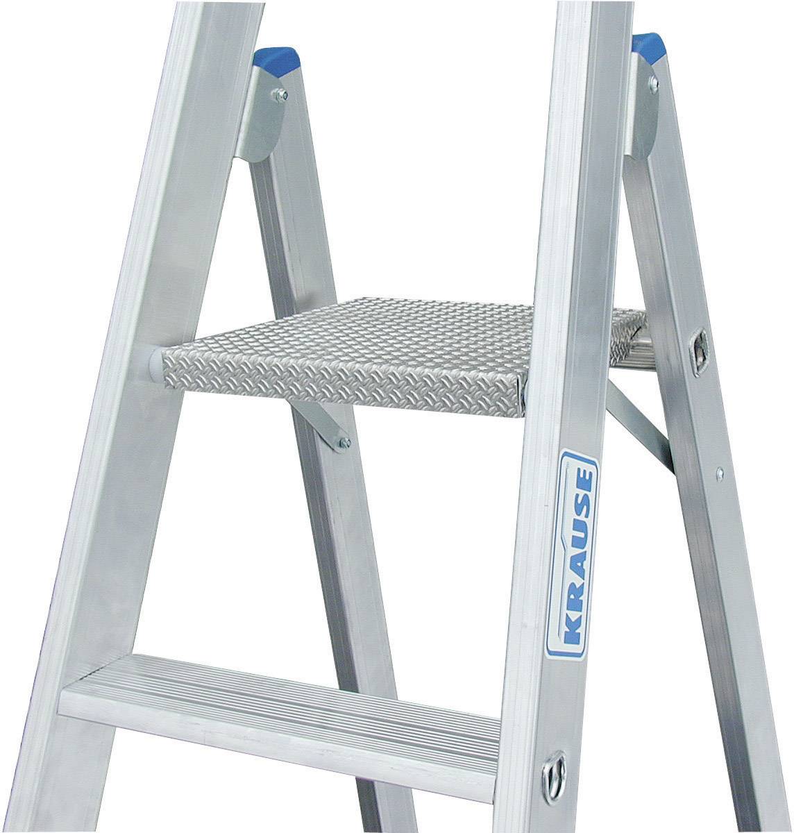 Échelle droite en aluminium avec marche stable et accent bleu, adaptée aux travaux en hauteur en toute sécurité. Marquage 'Krause' sur le côté.