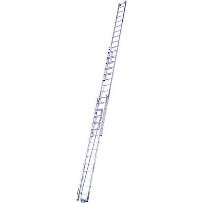 Une échelle coulissante longue en aluminium argenté, déployée à sa hauteur maximale. Adaptée aux travaux en hauteur.