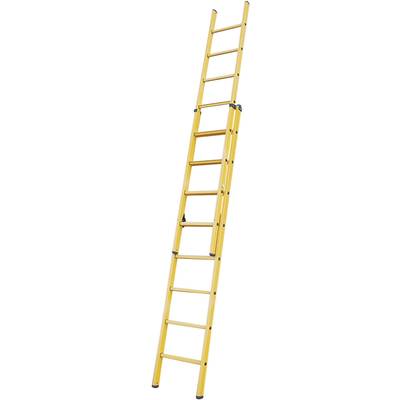 Une échelle jaune télescopique est dressée verticalement.