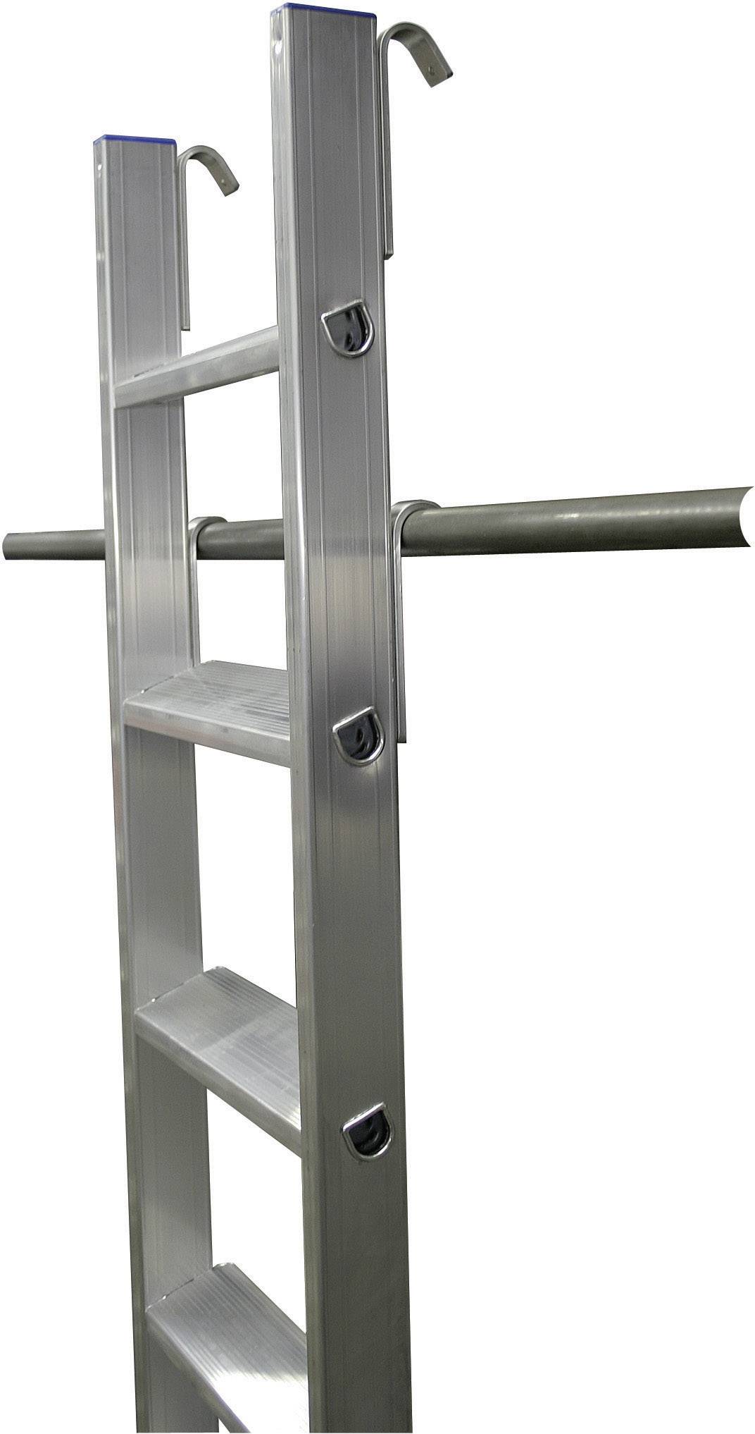 'Échelle de sortie en aluminium avec crochets, fixée horizontalement à une barre. Adaptée pour l'accès à des niveaux ou structures surélevés.'