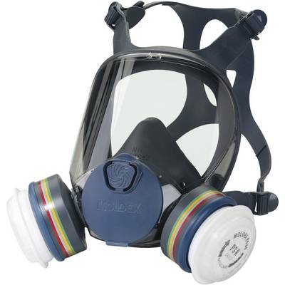 Masque de protection avec filtres respiratoires et visière transparente, adapté à l'exposition aux produits chimiques. Comprend des attaches réglables.