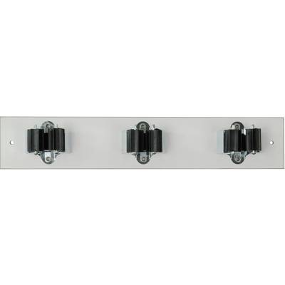 Support de goujons métalliques avec trois attaches noires pour fixation murale, adapté au rangement des manches à balai ou d'outils similaires.