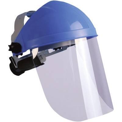Écran facial avec bandeau de tête bleu et bouclier transparent ; utilisé pour protéger le visage des éclaboussures et des particules.