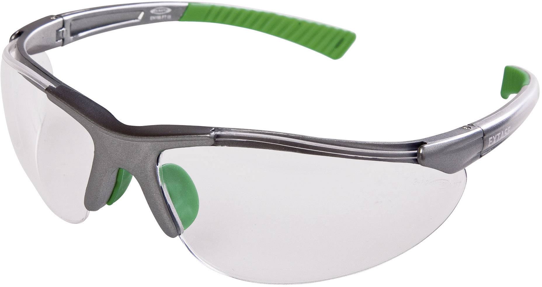 Lunettes de protection à verres transparents et monture vert et noir. Adaptées pour une utilisation dans des environnements nécessitant une protection oculaire.
