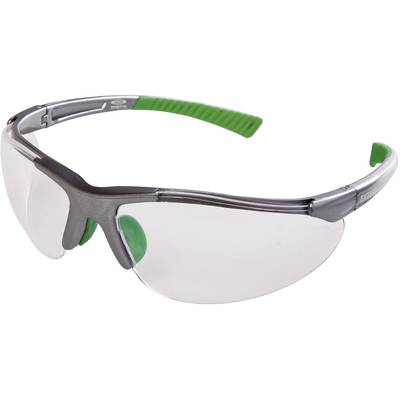Lunettes de protection à verres transparents et monture vert et noir. Adaptées pour une utilisation dans des environnements nécessitant une protection oculaire.