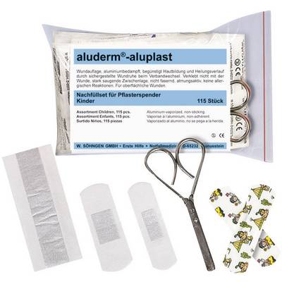 Kit de pansements de recharge pour enfants avec différents pansements, ciseaux et bandages dans un emballage transparent.