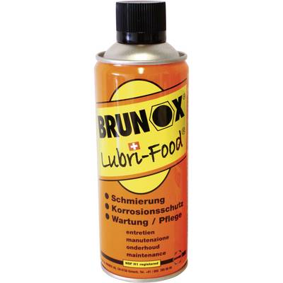 Une bombe aérosol portant l'inscription 'Brunox Lubri-Food' pour la lubrification, la protection contre la corrosion et l'entretien de pièces mécaniques.