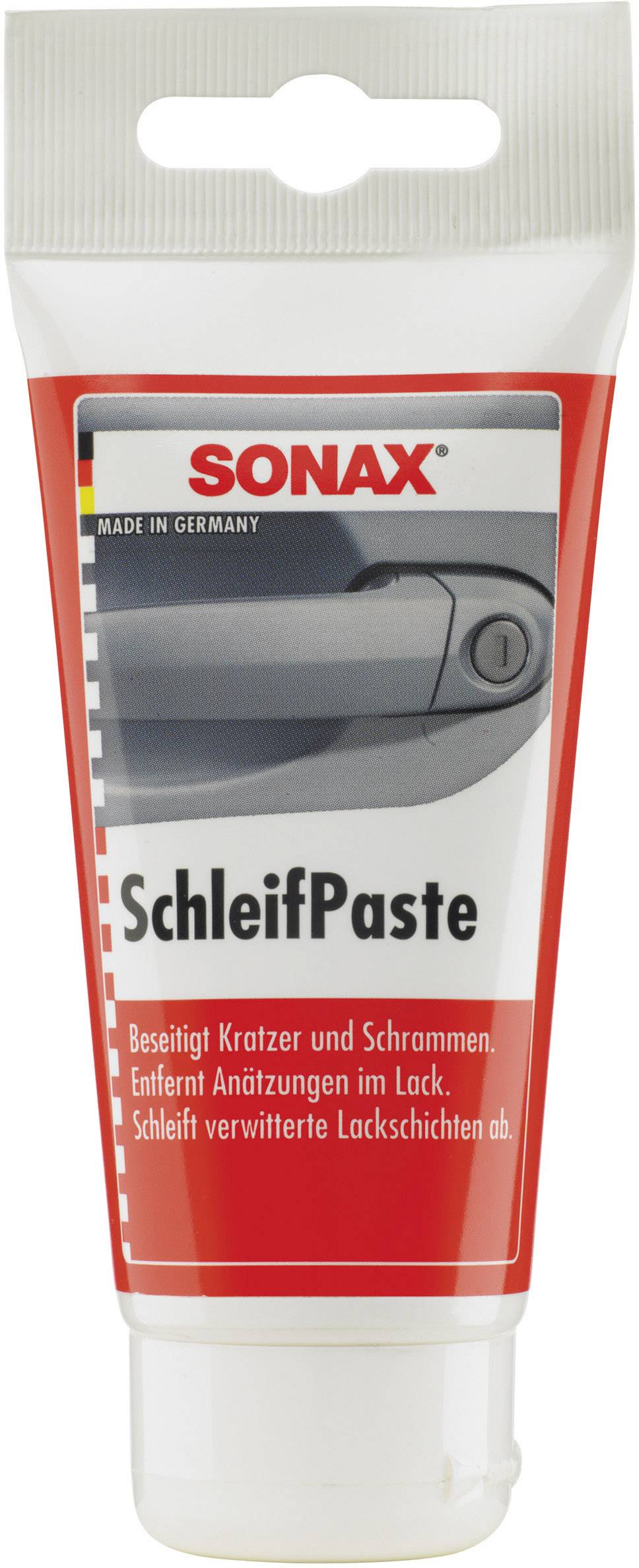 Tube de pâte à polir de SONAX pour éliminer les rayures et éraflures sur la peinture. Texte : 'Made in Germany'.